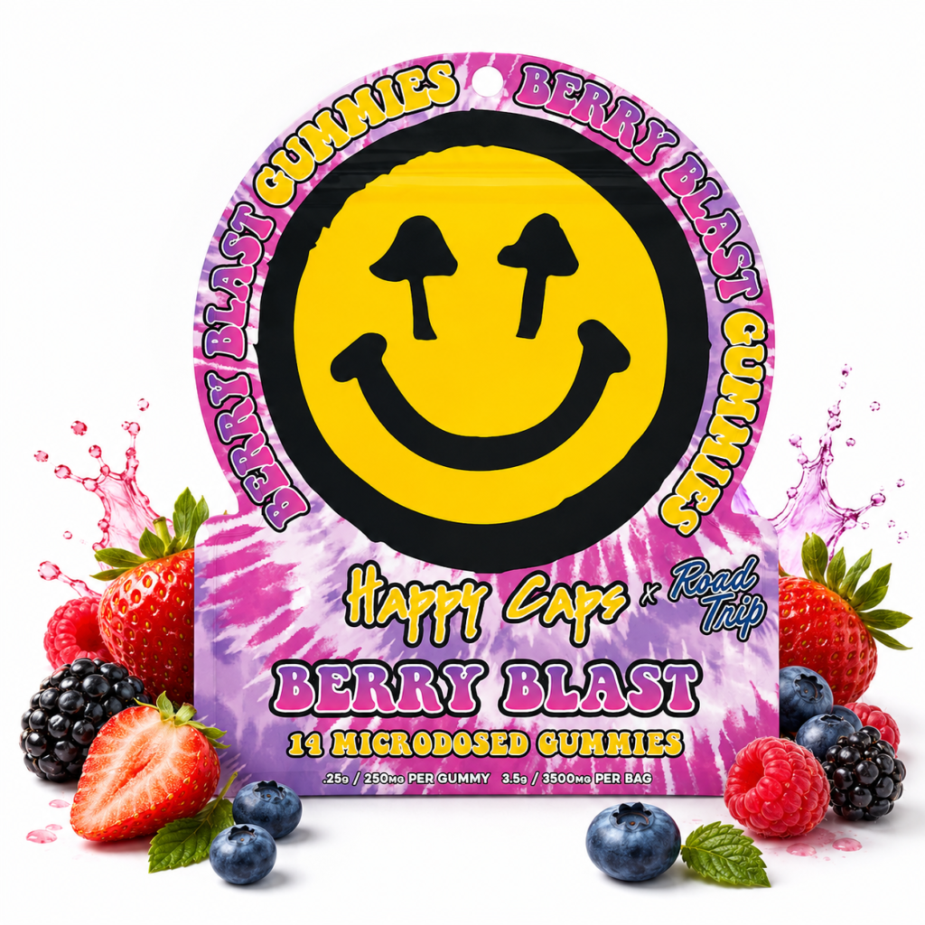 Happy Caps ® × Road Trip — Microdosed Gummies Collection — legal mushroom gummies, no psilocybin, lab tested, made in USA
