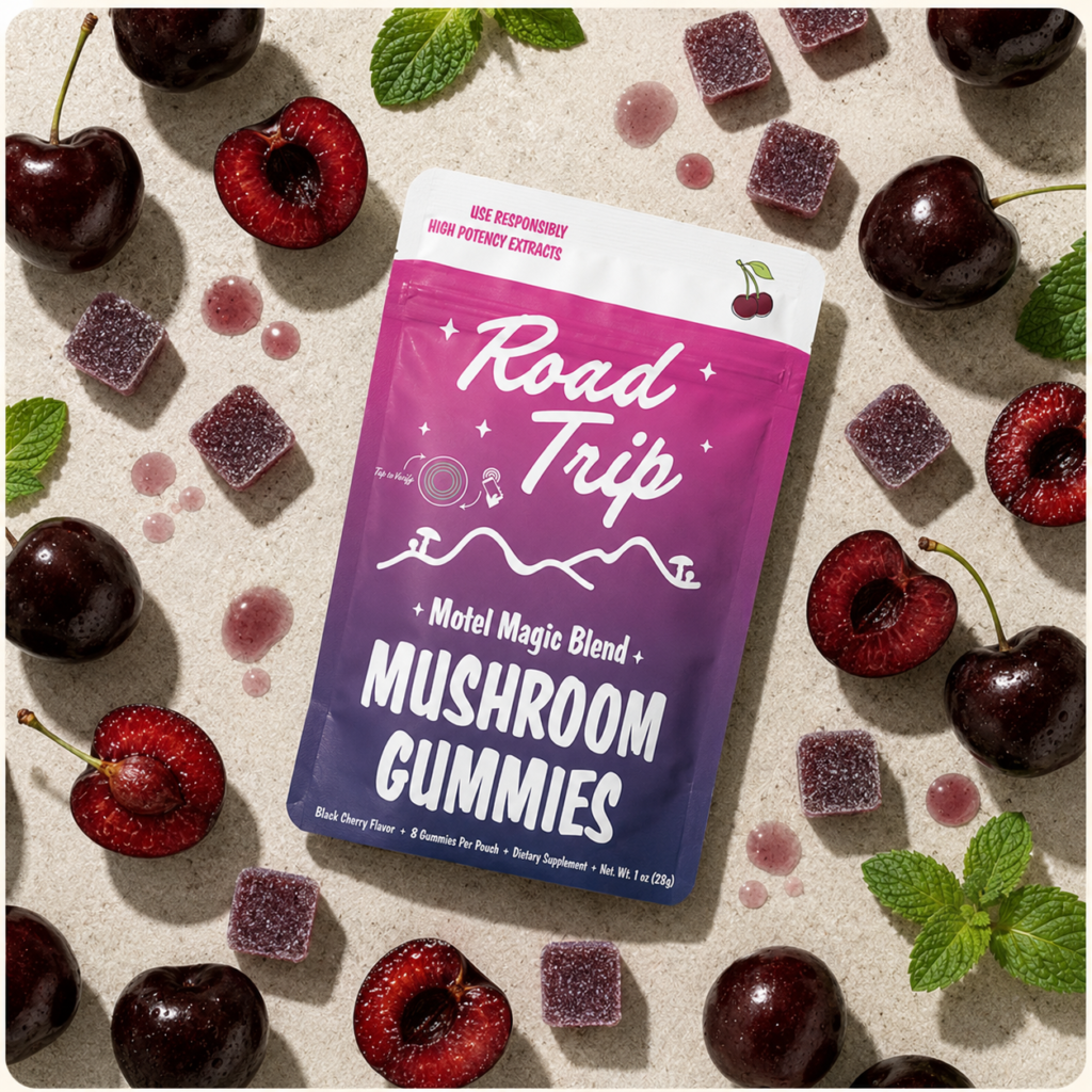 Motel Magic Mushroom Gummies — Black Cherry (8-Count) — legal mushroom gummies, no psilocybin, lab tested, made in USA