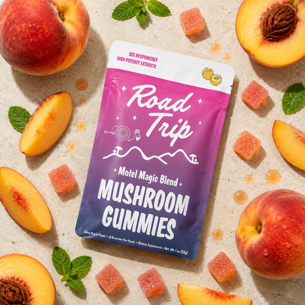 Motel Magic Mushroom Gummies — Juicy Peach (8-Count) — legal mushroom gummies, no psilocybin, lab tested, made in USA