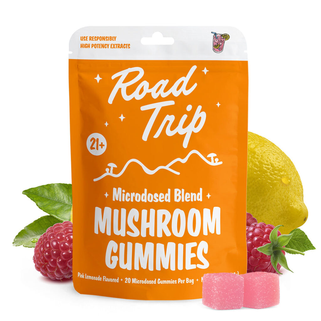 Road Trip Microdosed Gummies + Functional Mushrooms — Pink Lemonade (20-Count) — legal mushroom gummies, no psilocybin, lab tested, made in USA